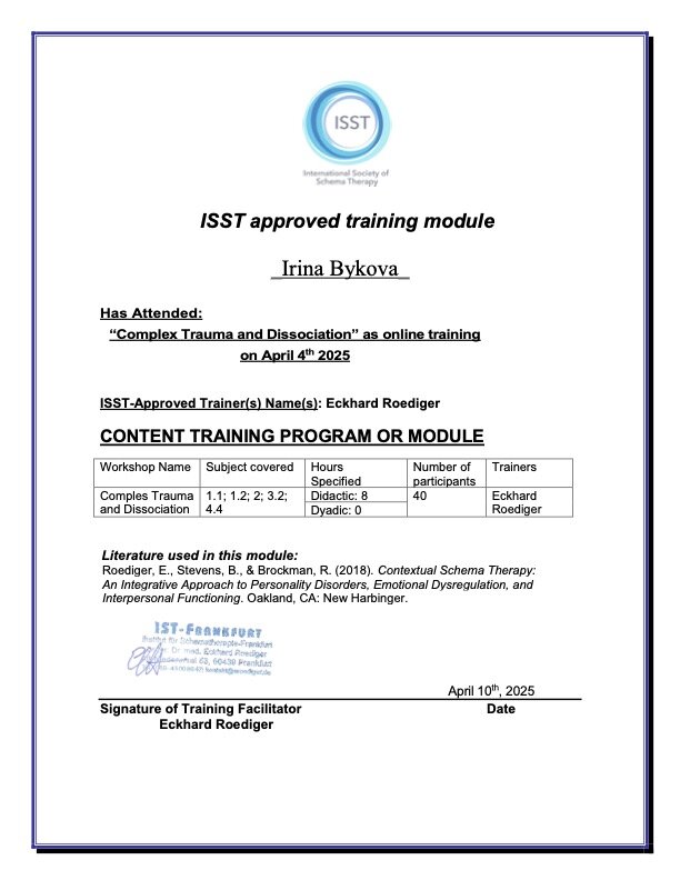 ISST — International Society of Schema Therapy — Schema Therapy Training — Content Module