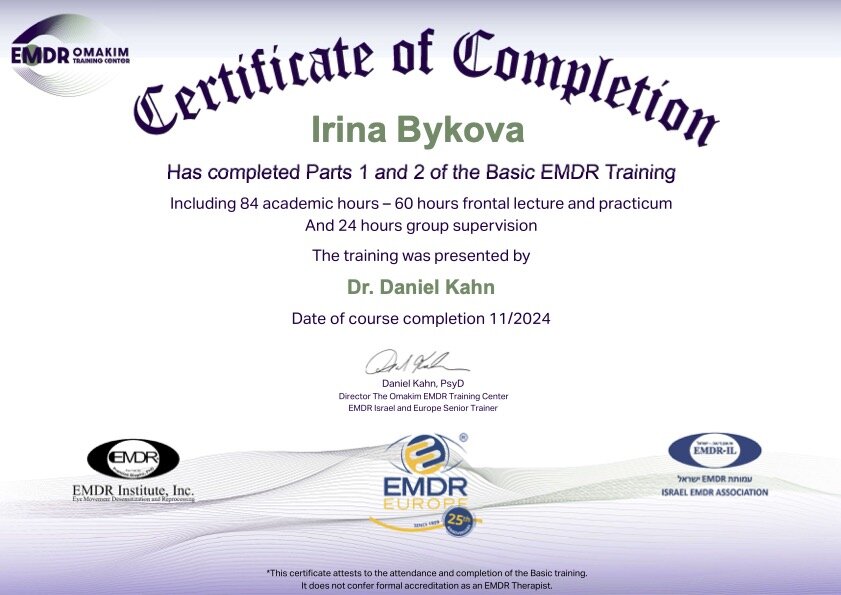 EMDR Basic Training (Dr. Daniel Kahn) — Certificate of Completion — Parts 1 and 2 of the Basic EMDR Training